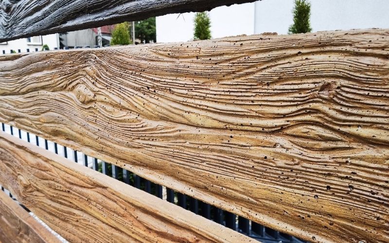 płot betonowy z imitacją deski pomalowany lazurą na efekt drewna – widoczne słoje